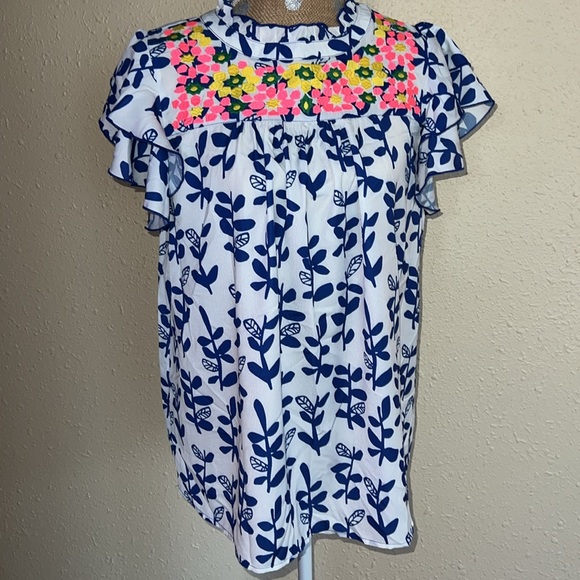 JODIFIL Blue Floral Printed Ruffled Sleeve Embroidered top - Picture 4 of 8